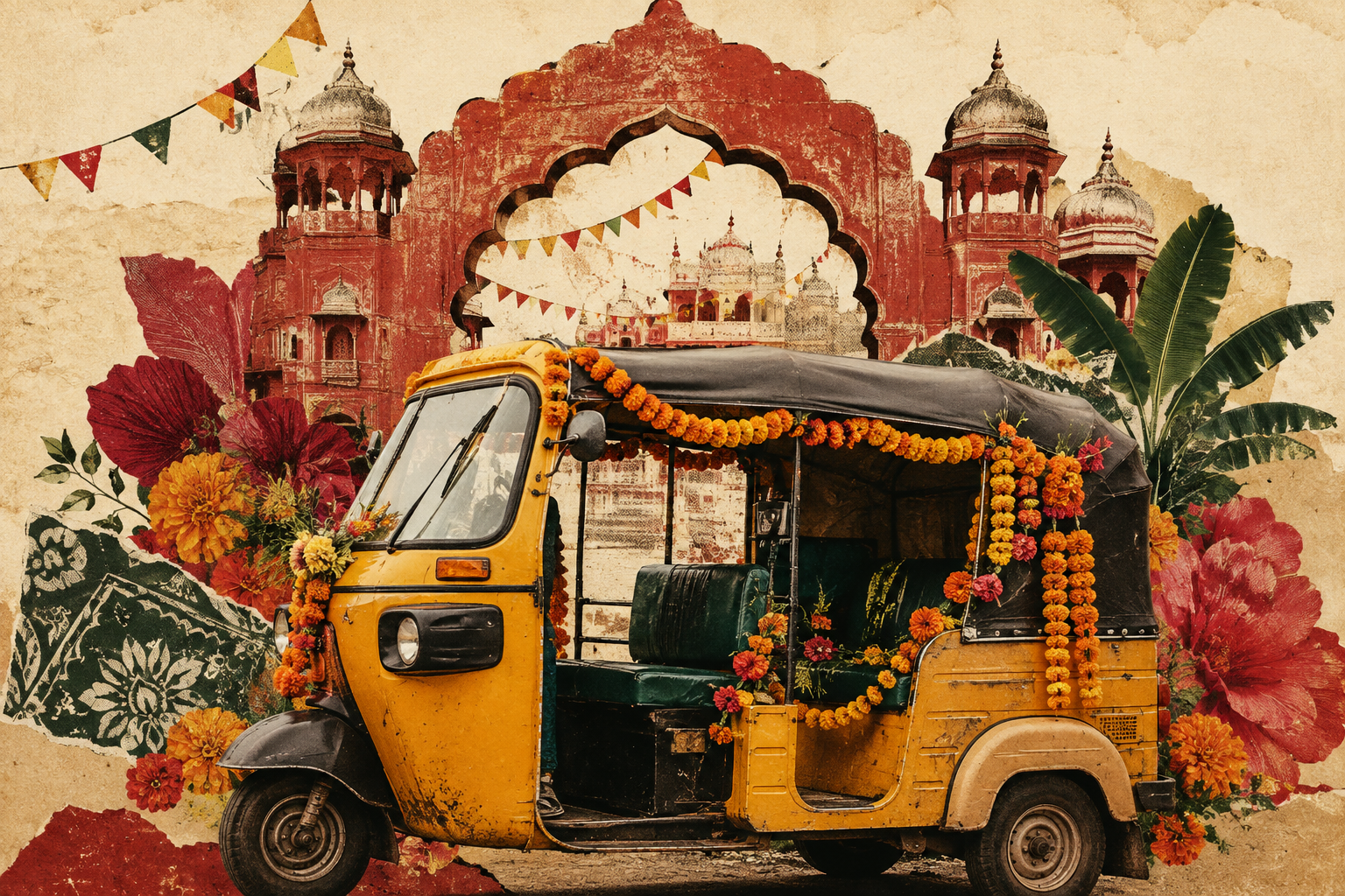 Vintage collage of a marigold-covered yellow auto-rickshaw beneath an Indian palace arch and festive bunting
